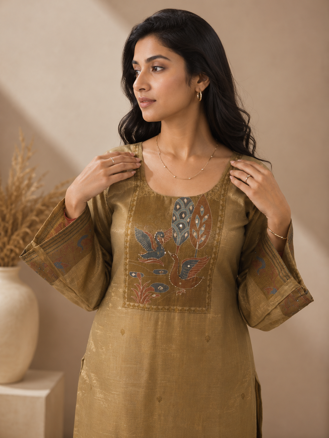 Brahmine Women's Brown Blend Silk Printed Kurta Pant Dupatta Suit Set - product view 3