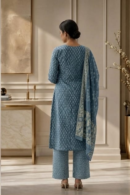 Brahmine Women's Dusk Blue Pure Cotton Printed Kurta Pant Dupatta Suit Set