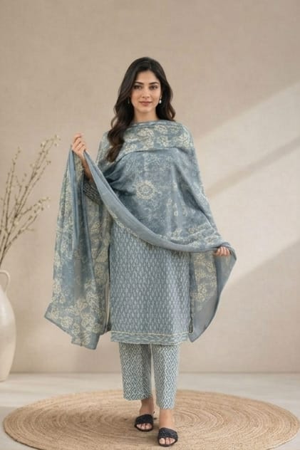 Brahmine Women's Dusk Blue Pure Cotton Printed Kurta Pant Dupatta Suit Set