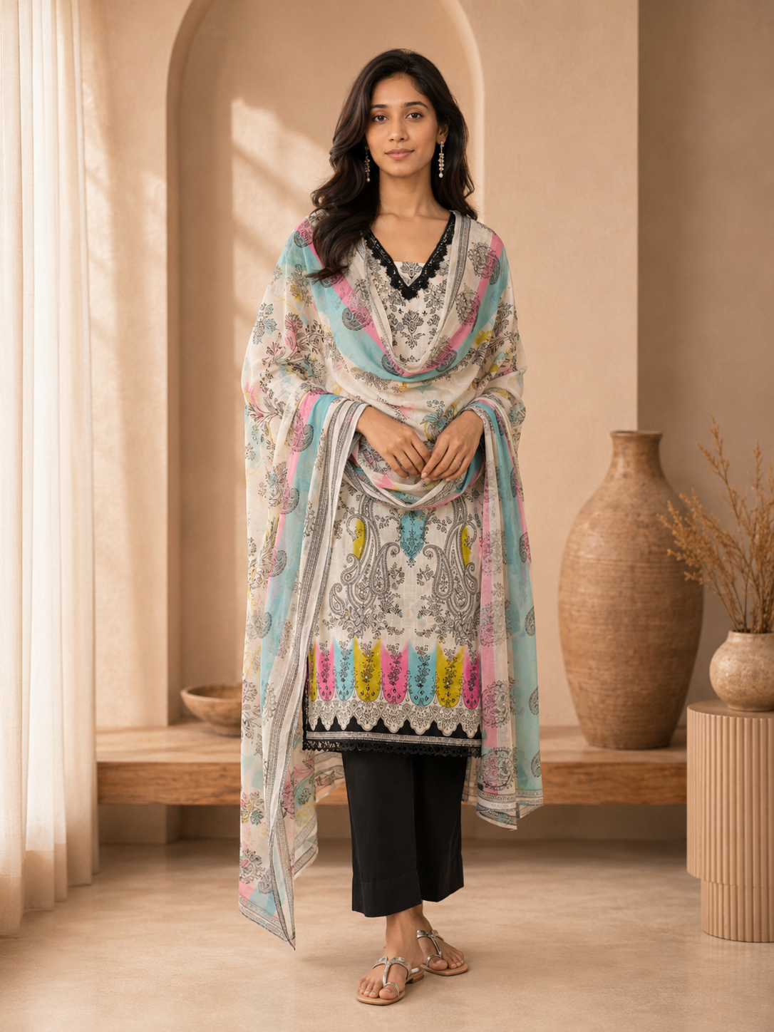 Brahmine Women's Black & White Cotton Suit Set