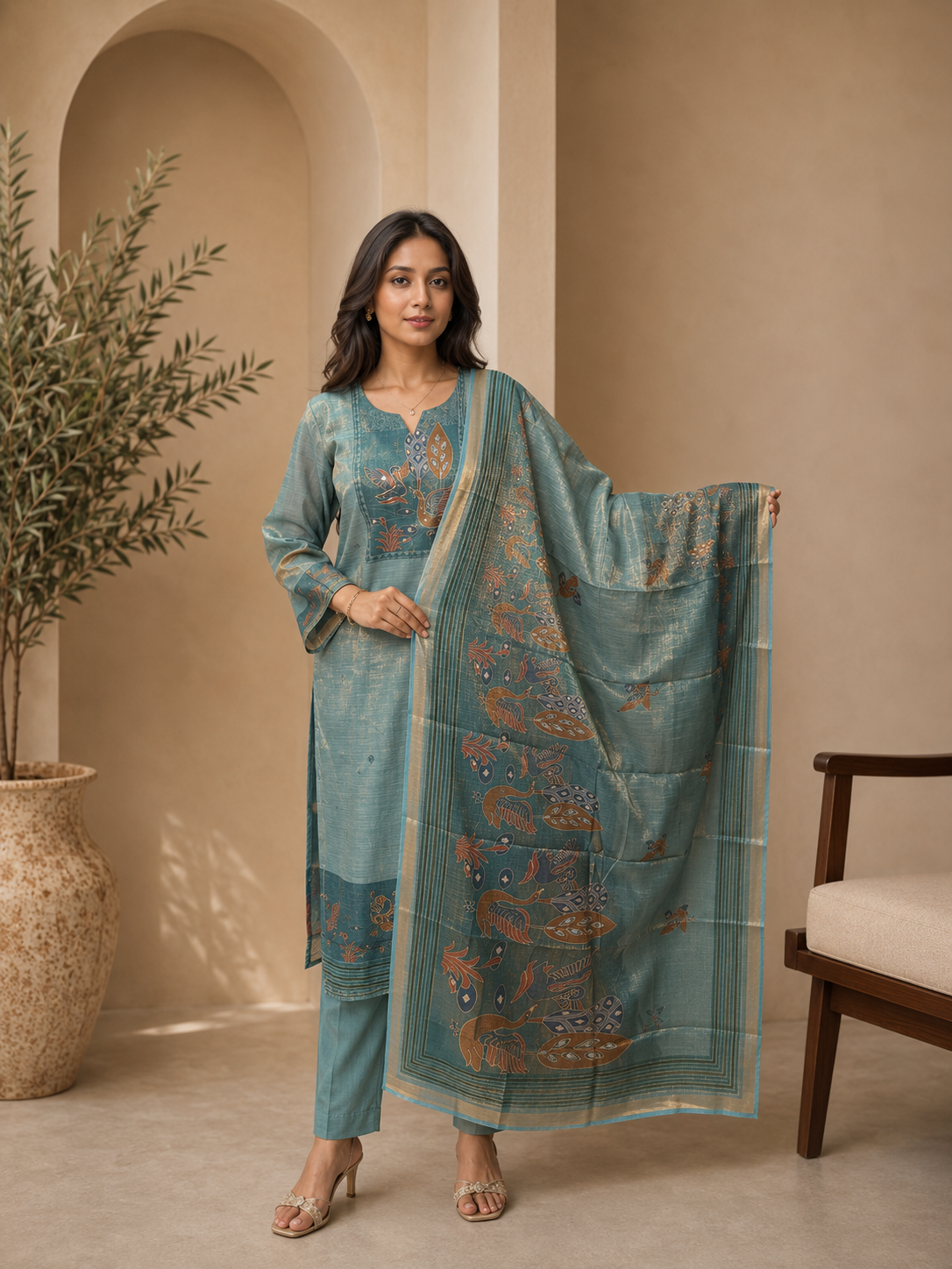 Brahmine Women's Teal Blue Silk Blend Suit Set
