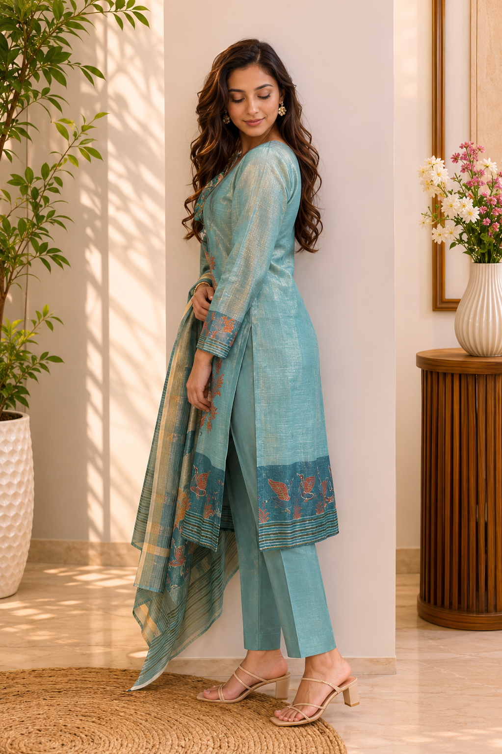Brahmine Women's Teal Blue Silk Blend Suit Set