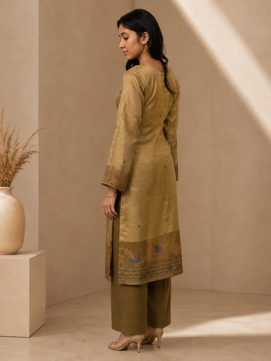 Brahmine Women's Brown Blend Silk Printed Kurta Pant Dupatta Suit Set - front view