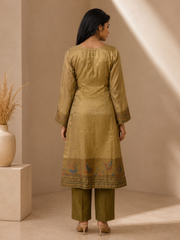 Brahmine Women's Brown Blend Silk Printed Kurta Pant Dupatta Suit Set - product view 2