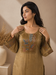 Brahmine Women's Brown Blend Silk Printed Kurta Pant Dupatta Suit Set - product view 3