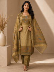 Brahmine Women's Brown Blend Silk Printed Kurta Pant Dupatta Suit Set - product view 4