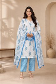Brahmine Women's Sky Blue Pure Cotton Printed Kurta Pant Dupatta Suit Set - Image 1