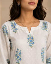 Brahmine Women's Sky Blue Pure Cotton Printed Kurta Pant Dupatta Suit Set - Image 2