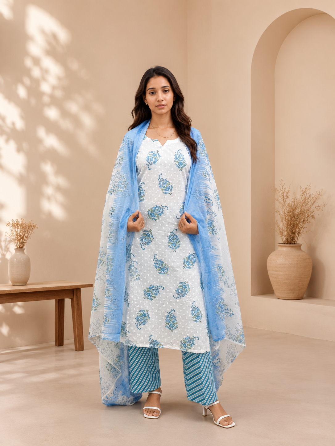 Brahmine Women's Sky Blue Pure Cotton Printed Kurta Pant Dupatta Suit Set - Image 3