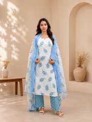 Brahmine Women's Sky Blue Pure Cotton Printed Kurta Pant Dupatta Suit Set - Image 3