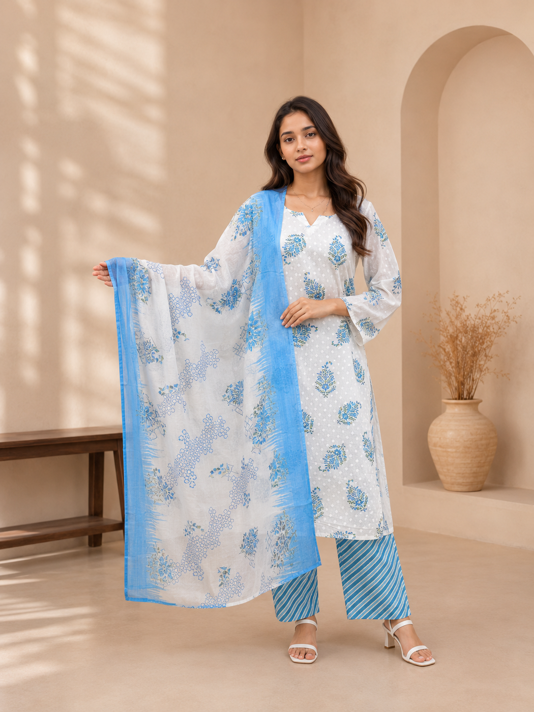 Brahmine Women's Sky Blue Pure Cotton Printed Kurta Pant Dupatta Suit Set - Image 4