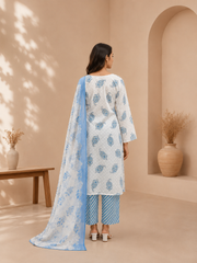Brahmine Women's Sky Blue Pure Cotton Printed Kurta Pant Dupatta Suit Set - Image 5