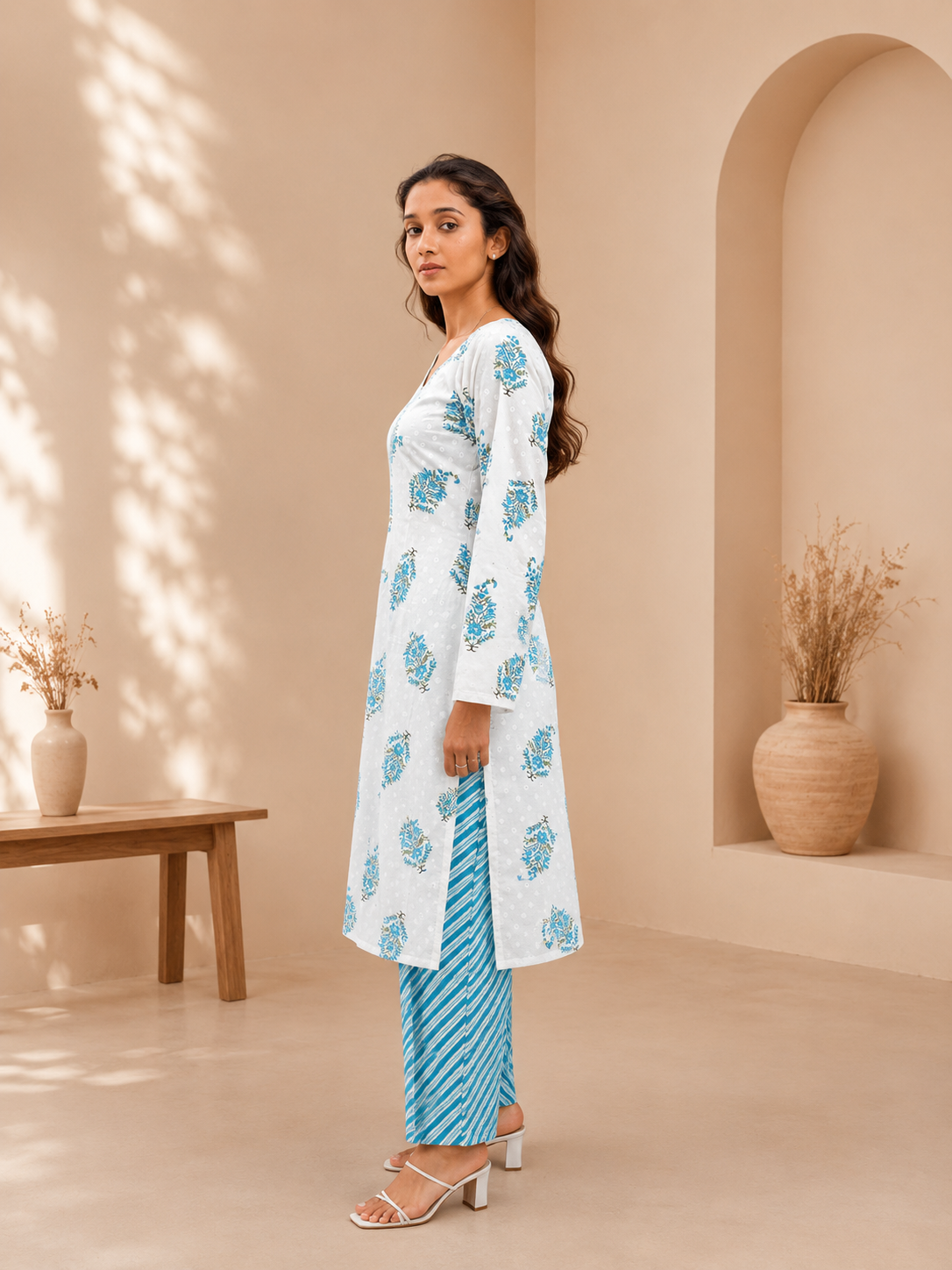 Brahmine Women's Sky Blue Pure Cotton Printed Kurta Pant Dupatta Suit Set - Image 6