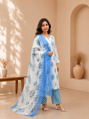 Brahmine Women's Sky Blue Pure Cotton Printed Kurta Pant Dupatta Suit Set - Image 7