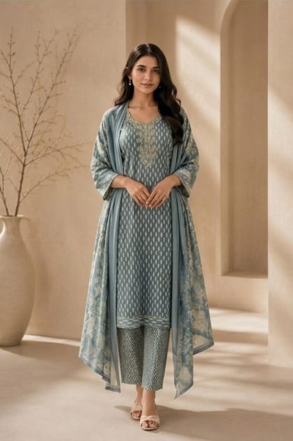 Brahmine Women's Dusk Blue Pure Cotton Printed Kurta Pant Dupatta Suit Set
