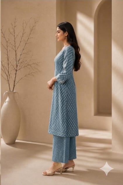 Brahmine Women's Dusk Blue Pure Cotton Printed Kurta Pant Dupatta Suit Set