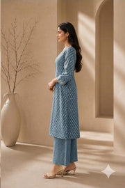 Brahmine Women's Dusk Blue Pure Cotton Printed Kurta Pant Dupatta Suit Set