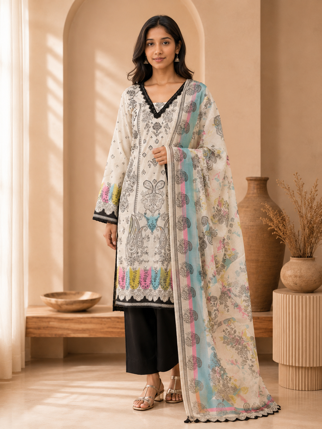 Brahmine Women's Black & White Cotton Suit Set