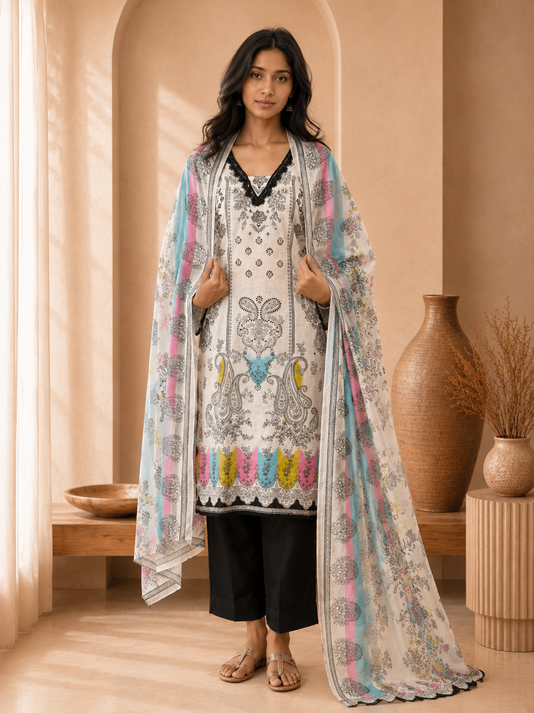 Brahmine Women's Black & White Cotton Suit Set