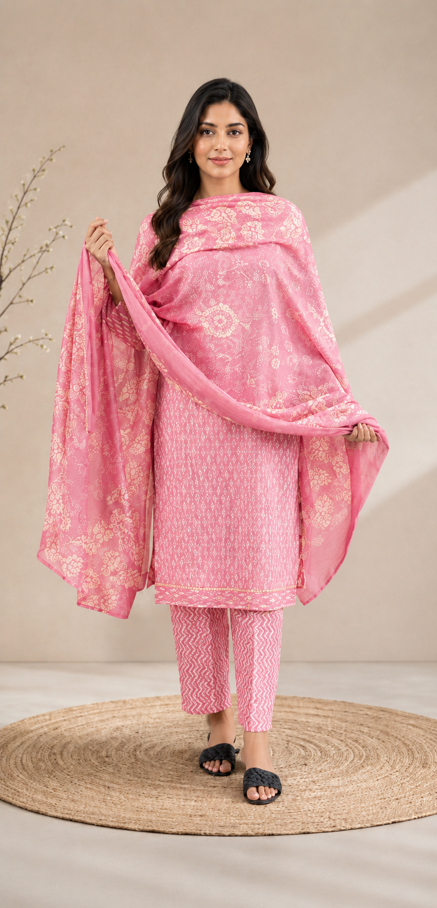 Brahmine Women's Pink Pure Cotton Printed Kurta Pant Dupatta Suit Set - front view
