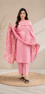 Brahmine Women's Pink Pure Cotton Printed Kurta Pant Dupatta Suit Set - front view