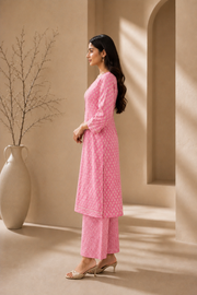 Brahmine Women's Pink Pure Cotton Printed Kurta Pant Dupatta Suit Set - product view 3