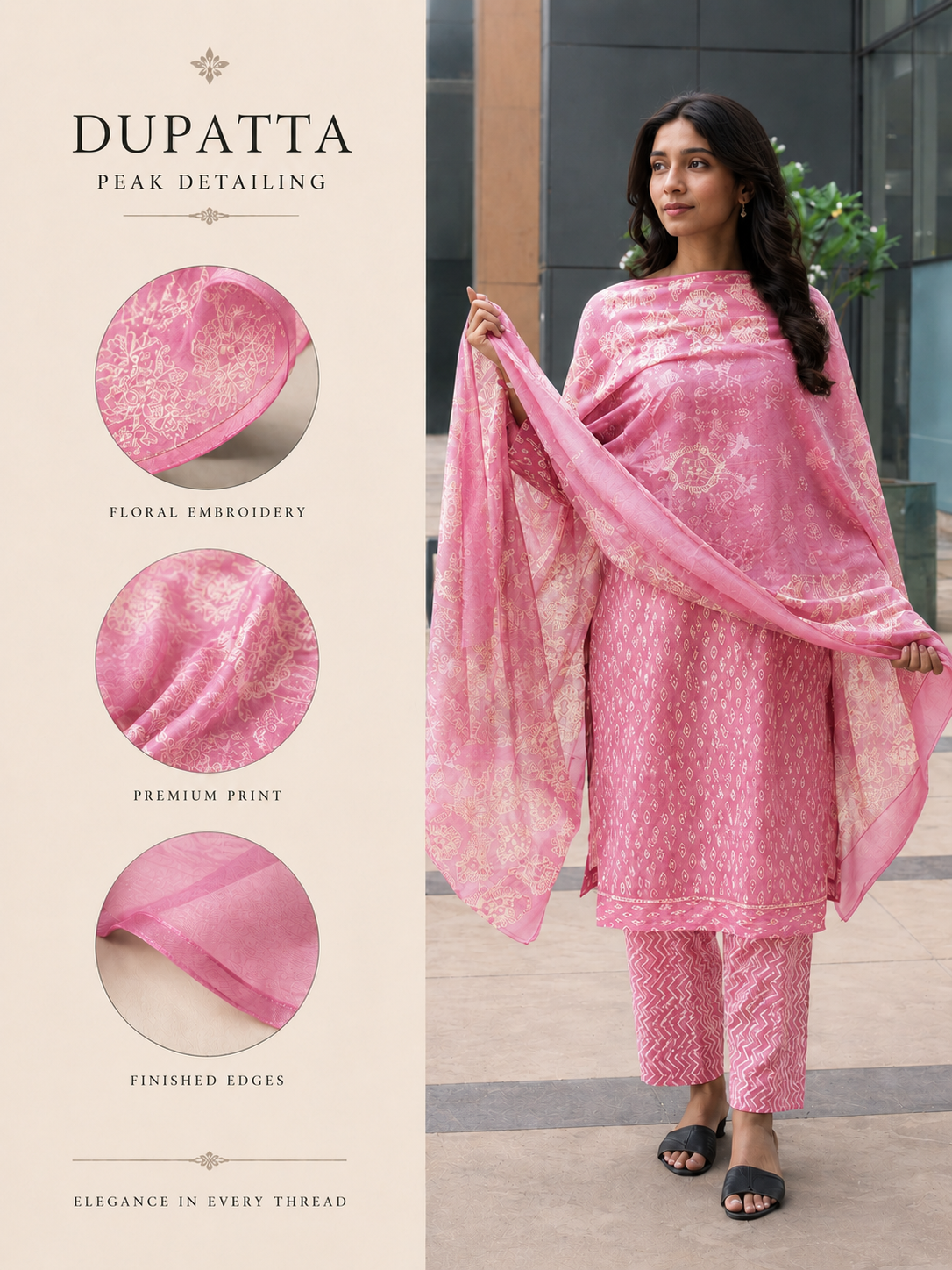 Brahmine Women's Pink Pure Cotton Printed Kurta Pant Dupatta Suit Set - product view 4
