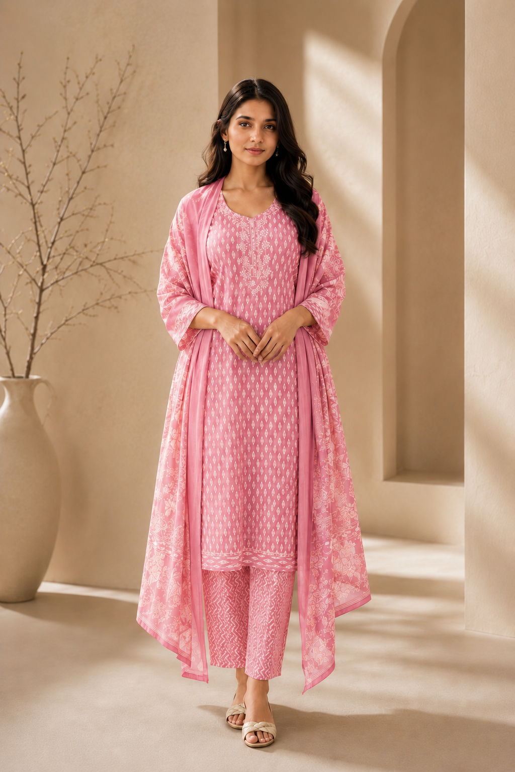 Brahmine Women's Pink Pure Cotton Printed Kurta Pant Dupatta Suit Set - product view 5