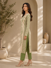 Brahmine Women's Beige Green Cotton Printed Kurta Pant Dupatta Suit Set - Image 1