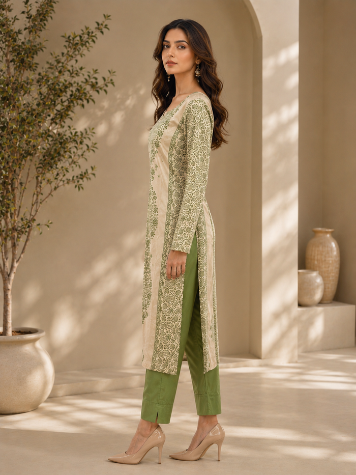 Brahmine Women's Beige Green Cotton Printed Kurta Pant Dupatta Suit Set
