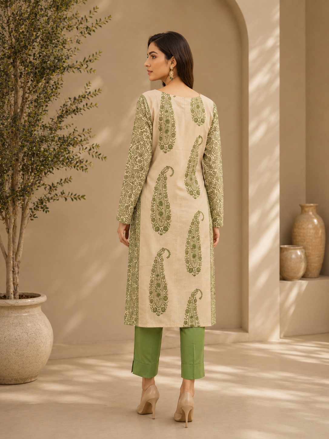 Brahmine Women's Beige Green Cotton Printed Kurta Pant Dupatta Suit Set - Image 2