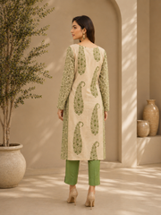 Brahmine Women's Beige Green Cotton Printed Kurta Pant Dupatta Suit Set - Image 2
