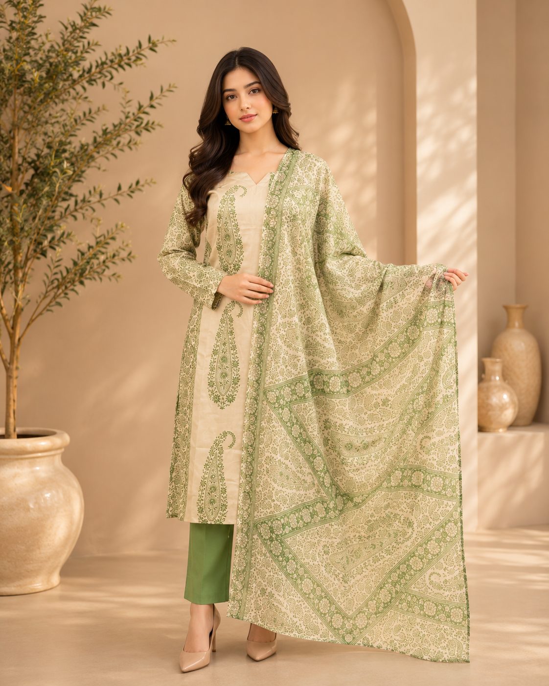 Brahmine Women's Beige Green Cotton Printed Kurta Pant Dupatta Suit Set - Image 3