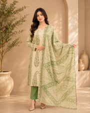 Brahmine Women's Beige Green Cotton Printed Kurta Pant Dupatta Suit Set - Image 3