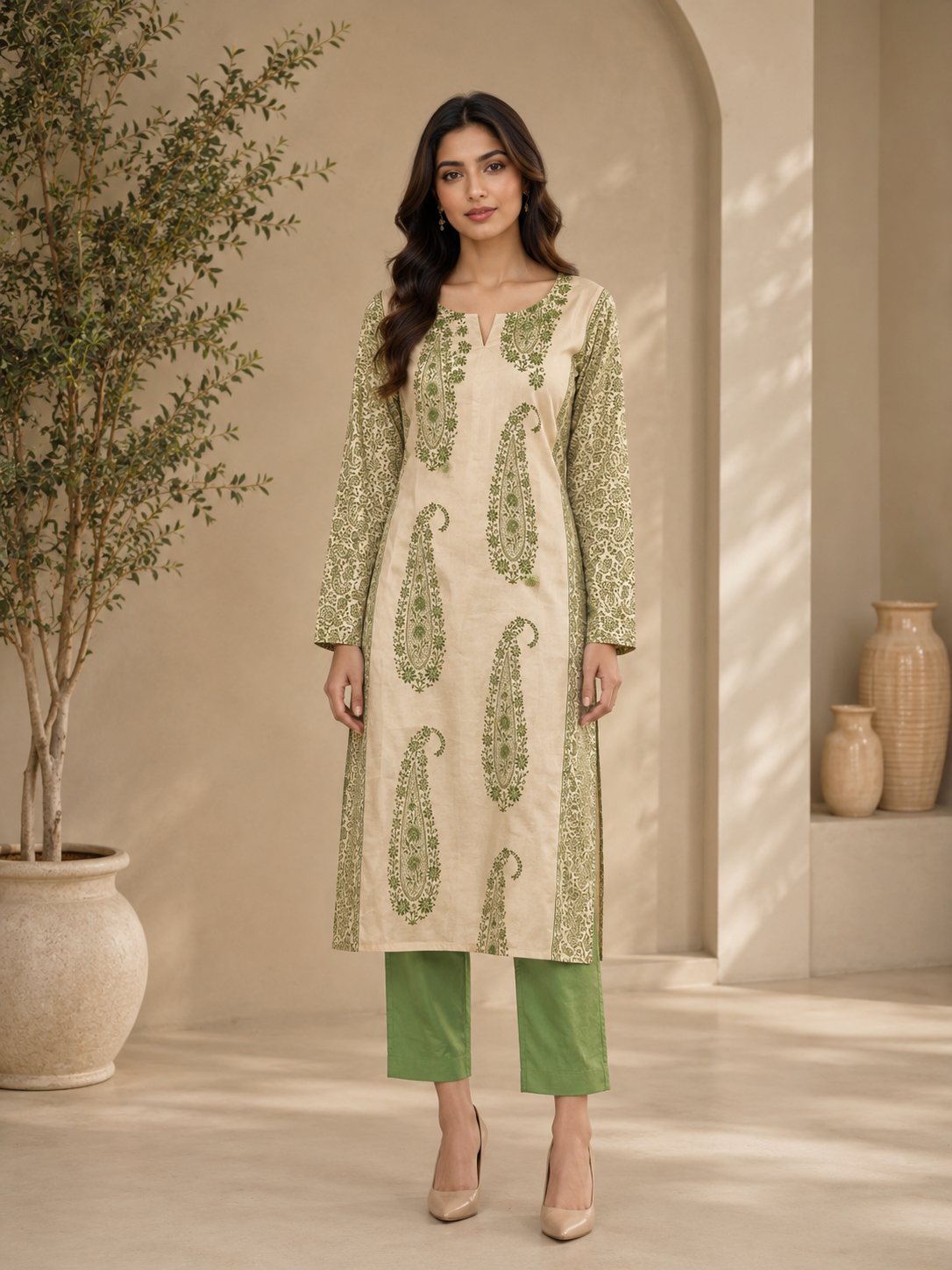 Brahmine Women's Beige Green Cotton Printed Kurta Pant Dupatta Suit Set - Image 4