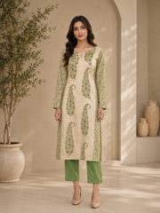 Brahmine Women's Beige Green Cotton Printed Kurta Pant Dupatta Suit Set - Image 4