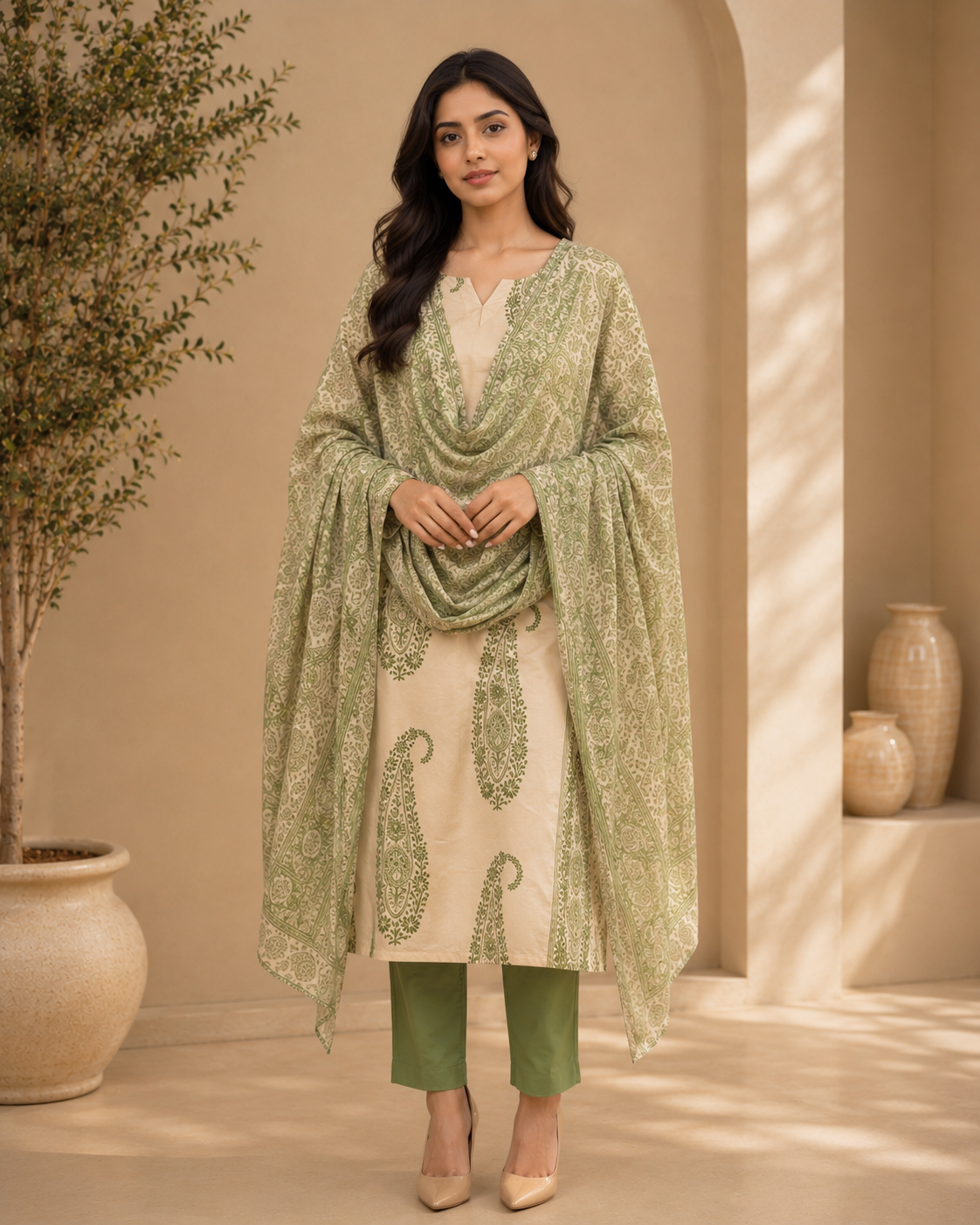 Brahmine Women's Beige Green Cotton Printed Kurta Pant Dupatta Suit Set - Image 5