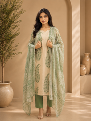 Brahmine Women's Beige Green Cotton Printed Kurta Pant Dupatta Suit Set - Image 6