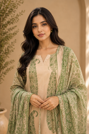 Brahmine Women's Beige Green Cotton Printed Kurta Pant Dupatta Suit Set - Image 7