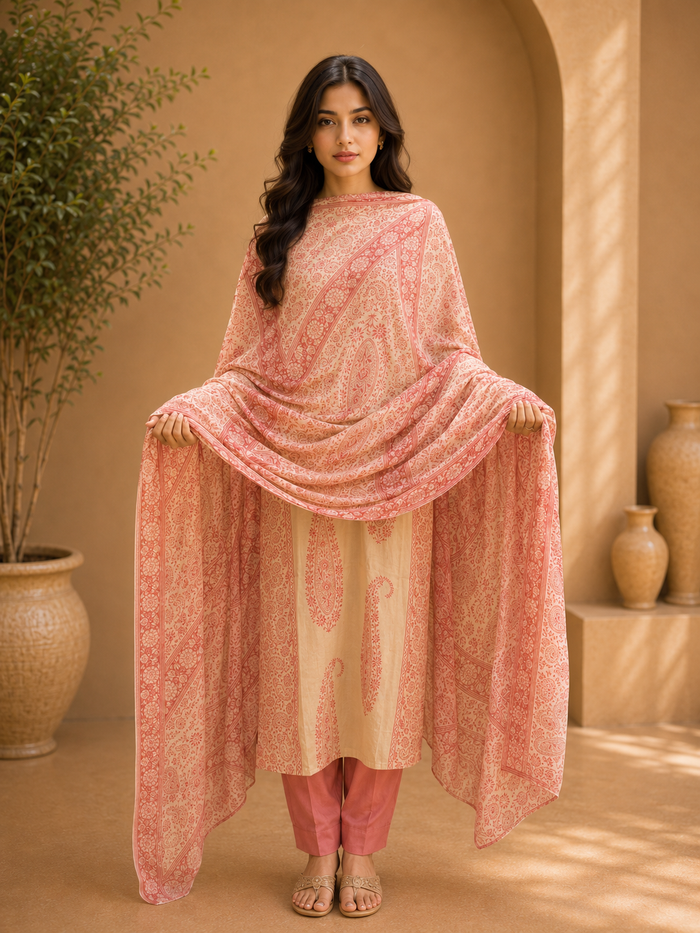 Brahmine Women's Beige Pink Cotton Printed Kurta Pant Dupatta Suit Set