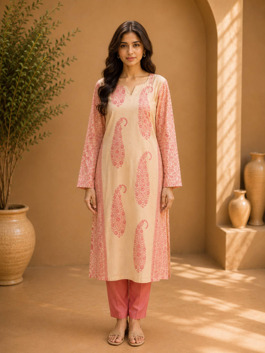 Brahmine Women's Beige Pink Cotton Printed Kurta Pant Dupatta Suit Set - Image 2