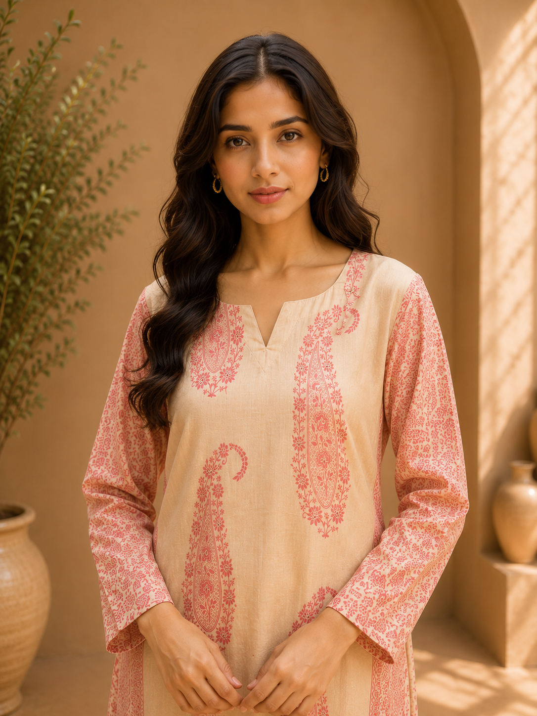 Brahmine Women's Beige Pink Cotton Printed Kurta Pant Dupatta Suit Set - Image 3