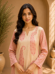 Brahmine Women's Beige Pink Cotton Printed Kurta Pant Dupatta Suit Set - Image 3