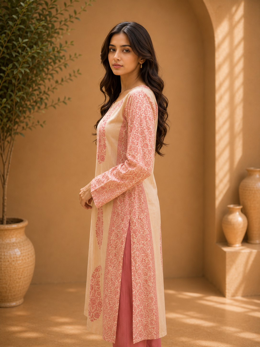 Brahmine Women's Beige Pink Cotton Printed Kurta Pant Dupatta Suit Set - Image 4
