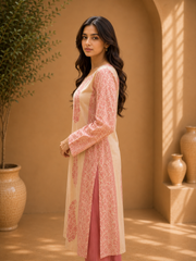 Brahmine Women's Beige Pink Cotton Printed Kurta Pant Dupatta Suit Set - Image 4