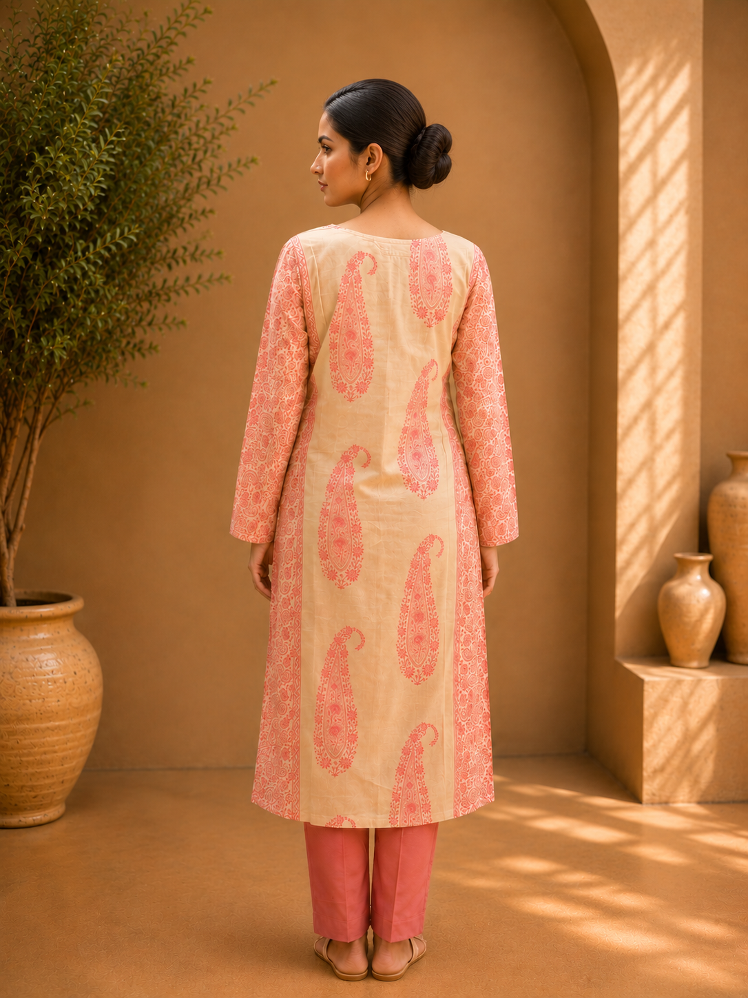 Brahmine Women's Beige Pink Cotton Printed Kurta Pant Dupatta Suit Set - Image 5