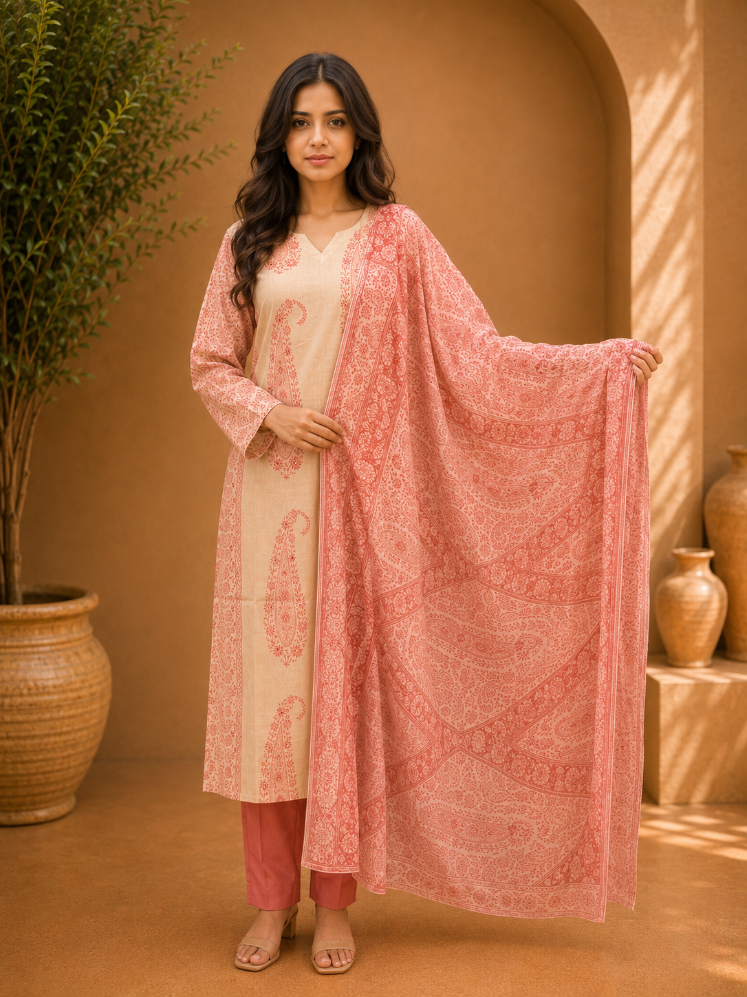 Brahmine Women's Beige Pink Cotton Printed Kurta Pant Dupatta Suit Set - Image 6