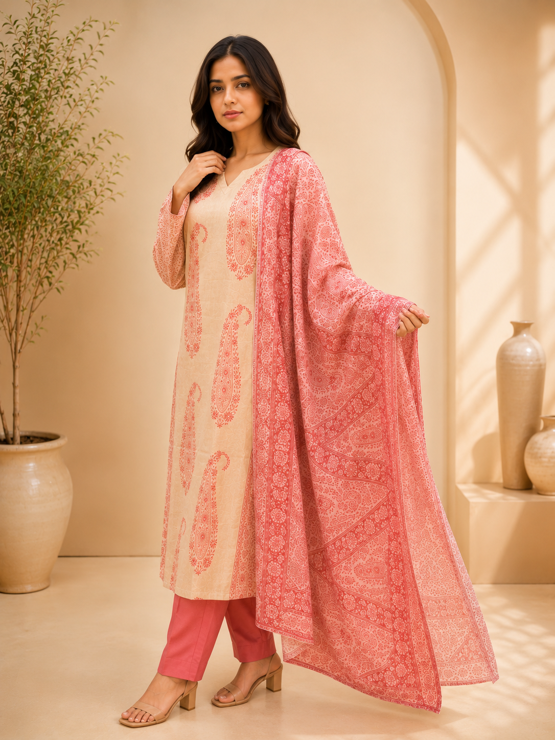 Brahmine Women's Beige Pink Cotton Printed Kurta Pant Dupatta Suit Set - Image 7