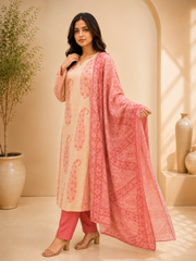 Brahmine Women's Beige Pink Cotton Printed Kurta Pant Dupatta Suit Set - Image 7