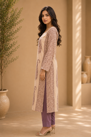 Brahmine Women's Beige Purple Cotton Printed Kurta Pant Dupatta Suit Set - Image 2